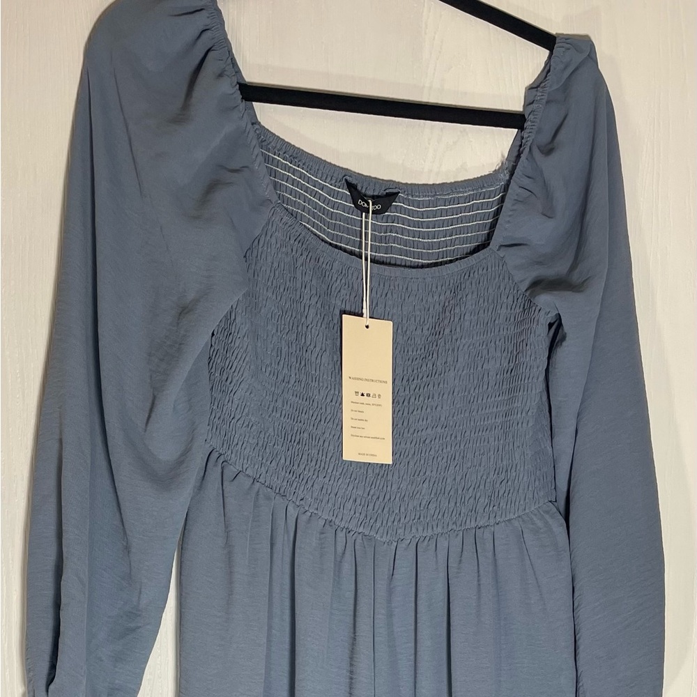 DOKOTOO Women's Blue Smocked Wide-Leg Jumpsuit Long Sleeve M Polyester